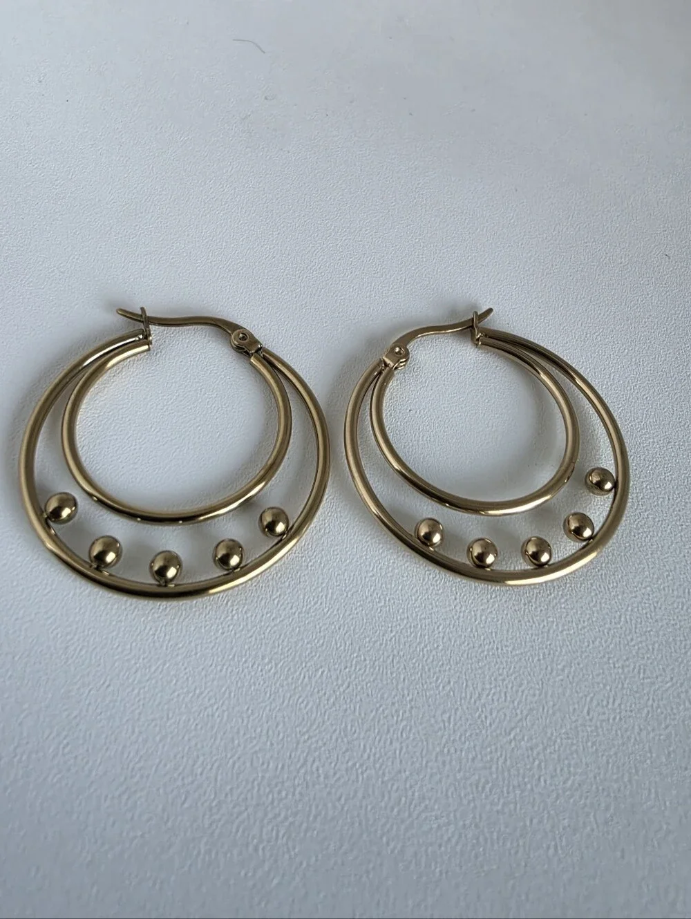 Stainless Steel Gold Double Hoop Beaded Earrings | Modern Minimalist Hoops - Picture 4 of 4